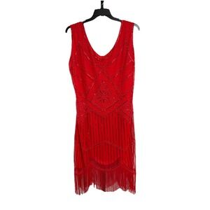 1920s RED FLAPPER dress stretch sequins sleeveless formal fringe 2X 3X EUC A9